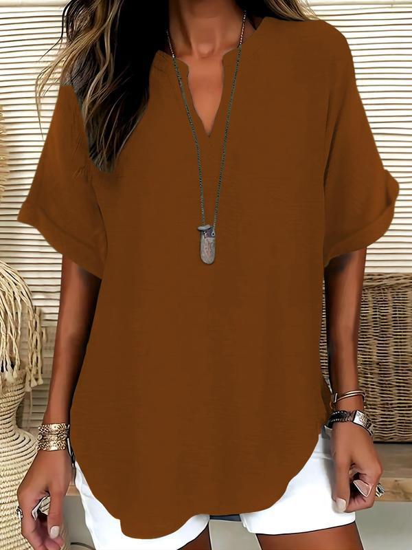 🔥New Arrival 49% OFF🔥Women's Plain Short Sleeve Blouse, Casual Solid Color Top for Daily Wear, Ladies Clothes for All Seasons