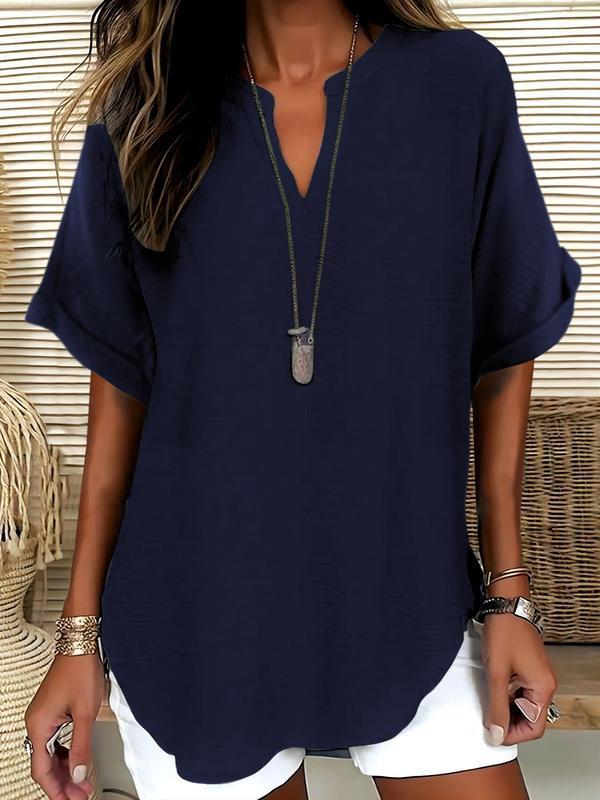 🔥New Arrival 49% OFF🔥Women's Plain Short Sleeve Blouse, Casual Solid Color Top for Daily Wear, Ladies Clothes for All Seasons