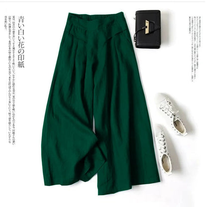Women's Cotton Linen Culottes Pants Elastic Waist Wide Leg Palazzo Trousers Capri Pants with Pockets
