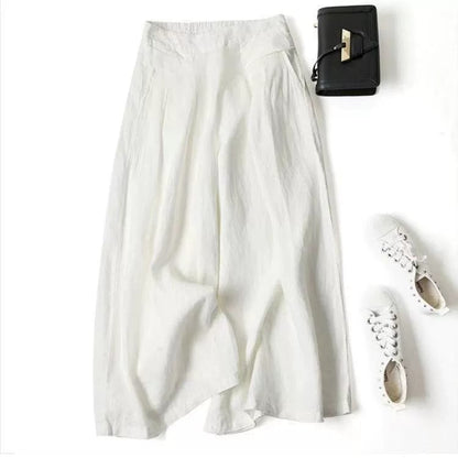 Women's Cotton Linen Culottes Pants Elastic Waist Wide Leg Palazzo Trousers Capri Pants with Pockets