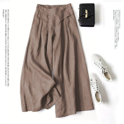 Women's Cotton Linen Culottes Pants Elastic Waist Wide Leg Palazzo Trousers Capri Pants with Pockets